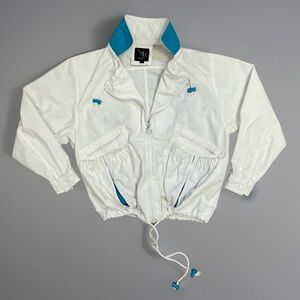 Collared 90's Street Jacket White & Teal Cinch Waist Large Pocket Women's Medium
